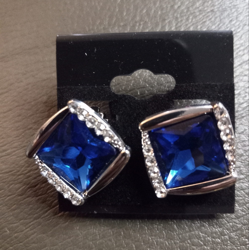 CLIP-ON EARRINGS Elegant Blue and Silver Stud